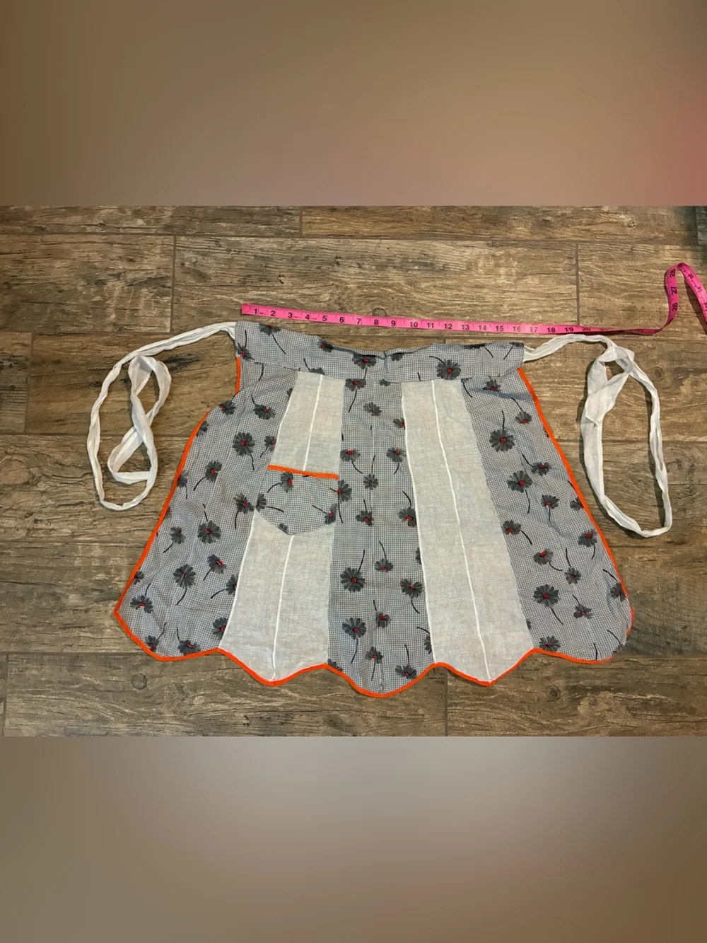 Vintage handmade Floral Half Apron with Orange Trim